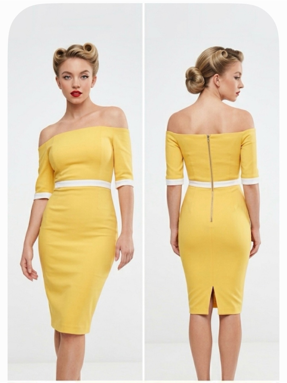 VESPER Butter Yellow Off-the-Shoulder Midi Dress pin-up bombshell rockabilly